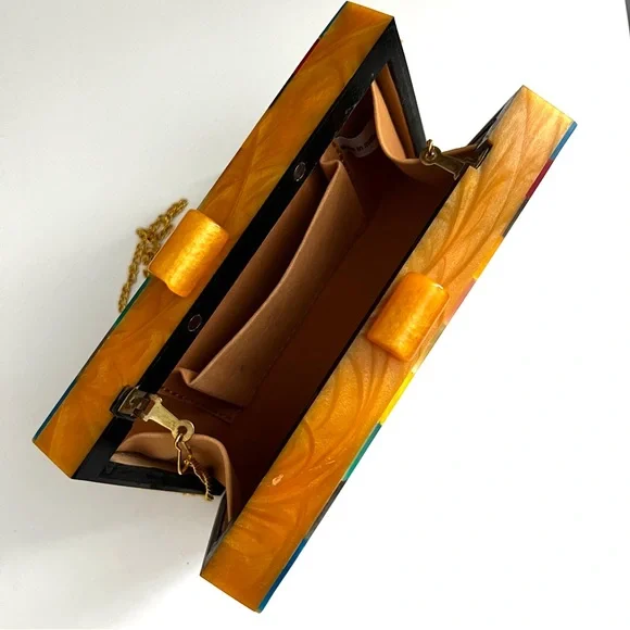 Wood Acrylic Inlay Box Purse Clutch Rainbow Sunburst Design Gold Chain Strap - Picture 6 of 7
